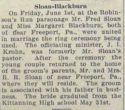 First article--Marriage Notice for Fred SLOAN to Margaret Blackburn, 1 Jun 1928
