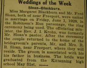 2nd article--Marriage Notice for Fred SLOAN to Margaret Blackburn, 1 Jun 1928