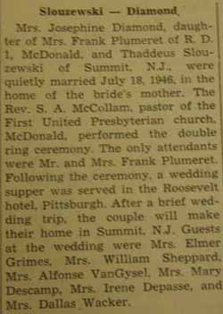 Marriage Notice for Thaddeus SLOUZEWSKI to Mrs. Josephine Diamond, 18 Jul 1946