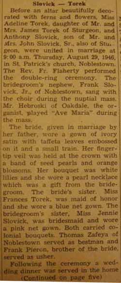 Part 1 Marriage Notice for Anthony SLOVICK to Adeline Torek, 29 Aug 1946