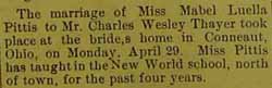 Marriage Notice for Charles Wesley THAYER to Mabel Luella Pittis, 29 Apr 1912