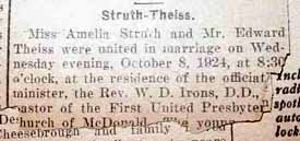 Marriage Notice for Edward THEISS to Amelia Struth, 8 Oct 1924