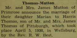 Marriage Notice for Harris THOMAS to Marian Mutton, 5 Apr 1938