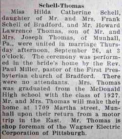 Marriage Notice for Howard Lawrence THOMAS to Hilda Catherine Schell, 26 Sep 1929