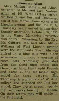 Marriage Notice for Fernand THOMASSY to Marian Calderwood Allan, 25 Oct 1936