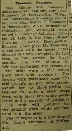 Marriage Notice for Robert Desire THOMASSY to Minnie Mae Summers, 24 Oct 1942