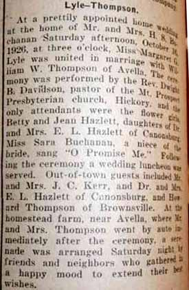 Marriage Notice for William W. THOMPSON to Margaret G. Lyle, 16 Oct 1926