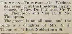 Marriage Notice for T. K. THOMPSON to Miss E. B. Mc. Thompson, no date, in 11-12-1892 paper