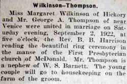 Marriage Notice for George A. THOMPSON to Margaret Wilkinson, 2 Sep 1922