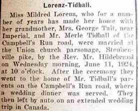 Marriage Notice for Merle TIDBALL to Mildred Lorenz, 11 Jun 1924