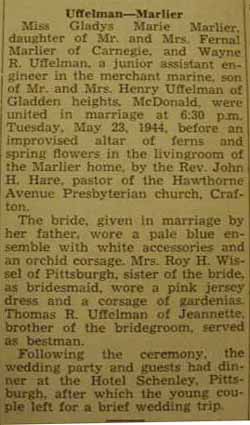 Marriage Notice for Wayne R. UFFELMAN to Gladys Marie Marlier, 23 May 1944