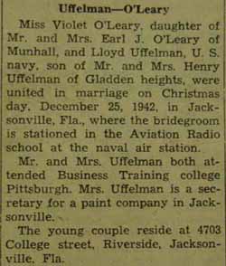 Marriage Notice for Lloyd UFFELMAN to Violet O'Leary, 25 Dec 1942