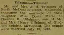 Marriage Notice for Thomas R. UFFELMAN to Doris Marie Trimmer, 13 Jul 1942