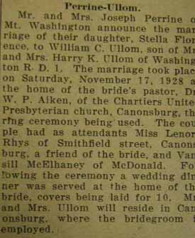 Marriage Notice for William C. ULLOM to Stella Florence Perrine, 17 Nov 1928