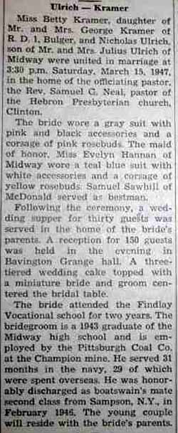 Marriage Notice for Nicholas ULRICH to Betty Kramer, 15 Mar 1947