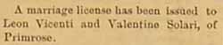Engagement Notice for Leon VINCENTI and Valentine SOLARI, Jan. 2, 1892
    newspaper
