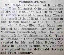 Marriage Notice for Ralph G. VIEHMAN to Margaret O'Brien, 16 Apr 1925