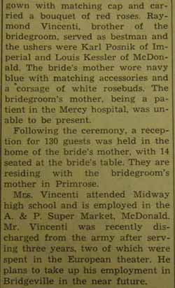 Part 3 Marriage Notice for Lewis VINCENTI to Anne Baldigowski, 17 Jul 1946