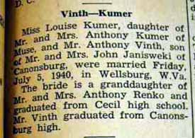 Marriage Notice for Anthony VINTH to Louise Kumer, 5 Jul 1940