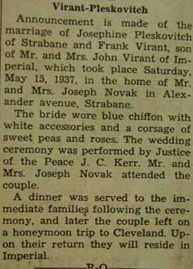 Marriage Notice for Frank VIRANT to Josephine Pleskovitch, 15 May 1937
