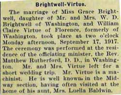 Marriage Notice for William Claire VIRTUE to Grace Brightwell, 17 Sep 1917