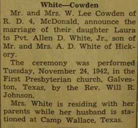Marriage Notice for Allen D., Jr. WHITE to Laura Cowden, 24 Nov 1942
