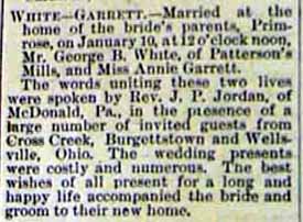 Marriage Notice for George B. WHITE to Annie Garrett, 10 Jan 1894