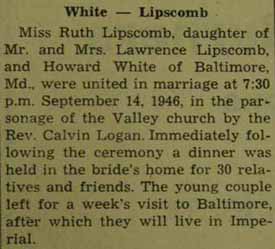 Marriage Notice for Howard WHITE to Ruth Lipscomb, 14 Sep 1946