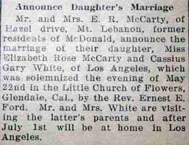Marriage Notice for Cassius Gary WHITE to Elizabeth Rose McCarty, 22 May 1929