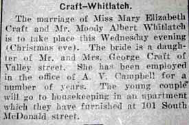 Marriage Notice for Moody Albert WHITLATCH to Mary Elizabeth Craft, 24 Dec 1924