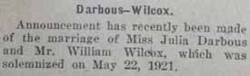 Marriage Notice for William WILCOX to Julia Darbous, 22 May 1921