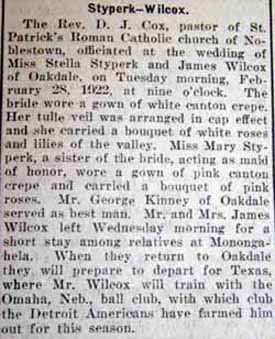 Article 1 Marriage Notice for James Thomas WILCOX to Stella Josephine Styperk, 28 Feb 1922
