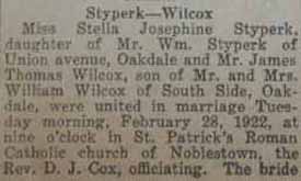 Art2 Part 1 Marriage Notice for James Thomas WILCOX to Stella Josephine Styperk, 28 Feb 1922