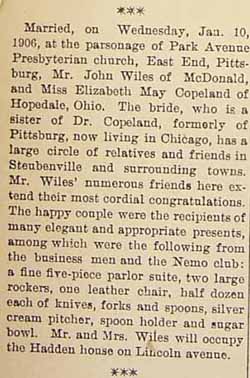 Mr. John WILES to Miss Elizabeth May COPELAND, Wednesday, Jan. 10, 1906
