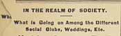 Newspaper column header 'IN THE REALM OF SOCIETY, What is Going on Among the Different Social Clubs, Weddings, Etc.'