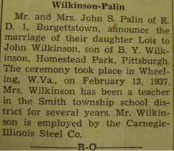 Marriage Notice for  John WILKINSON to Lois Palin, 13 Feb 1937