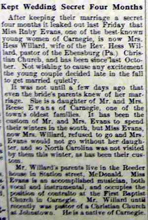 Wedding Announcement Hess WILLARD to Ruby Evans, October 1911