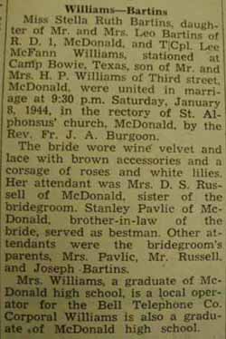 Marriage Notice for Lee McFann WILLIAMS to Stella Ruth Bartins, 8 Jan 1944