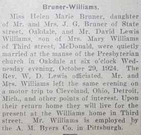 Marriage Notice for David Lewis WILLIAMS to Helen Marie Bruner, 29 Oct 1924