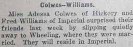 Marriage Notice for Fred WILLIAMS to Adessa Colwes, no date, in 10-28-1921 paper