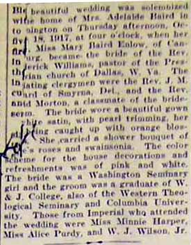Marriage Notice for Rev. ****erick WILLIAMS to Mary Baird Enlow, 18 Oct 1917