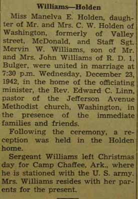 Marriage notice for Mervin W. WILLIAMS to Manelva E. Holden, 23 Dec 1942