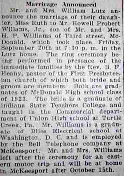 Marriage Notice for Howell Probert WILLIAMS, Jr. to Ruth Lutz, 20 Sep 1929