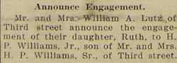ENGAGEMENT Notice for Howell Probert WILLIAMS, Jr. to Ruth Lutz, 20 Sep 1929