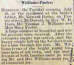 Marriage Notice for Thomas J. WILLIAMS to Mary Pooler, 26 Jul 1892