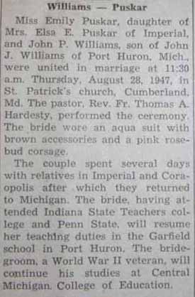 Marriage Notice for John P. WILLIAMS to Emily Puskar, 28 Aug 1947