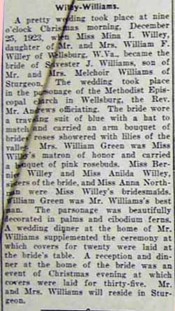Marriage of Sylvester J. WILLIAMS to Miss Mina I. WILLEY, December 25, 1923