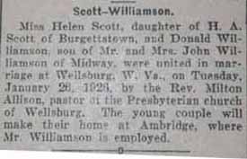 Marriage Notice for Donald WILLIAMSON to Helen Scott, 26 Jan 1926
