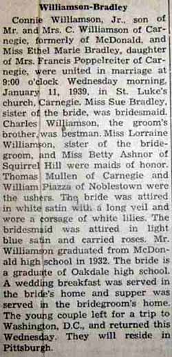 Marriage Notice for Connie WILLIAMSON, Jr. to Ethel Marie Bradley, 11 Jan 1939