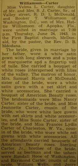 Part 1 Marriage Notice for Booker T. WILLIAMSON to Velma L. Carter, 24 Jun 1943